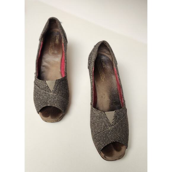 TOMS Women's Brown Fabric Cork Wedge Peep Toe Sandals Heels Shoes Platform Sz 7 - Picture 4 of 7